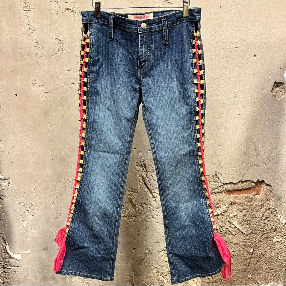 Neeso Jeans Low Rise Flare Mesh Pink Lace Up Cutout Jeans Y2K 90s Model Retro 30